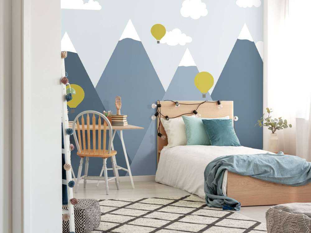 Blue mountains with hot air balloons