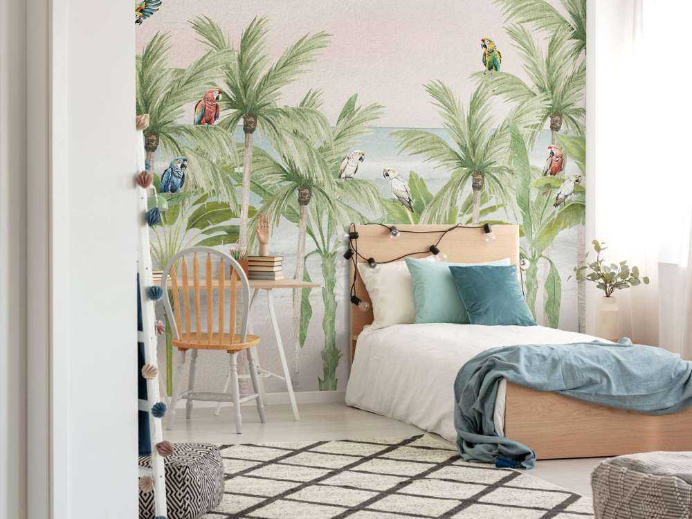 Parrots on the beach in color