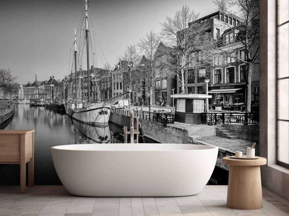 Historical ship located in the river A in Groningen In black and white 