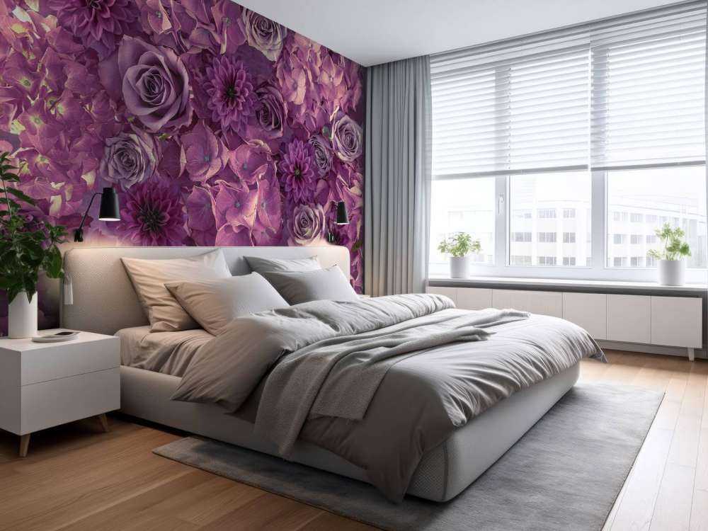 Purple hydrangeas, roses and dahlias