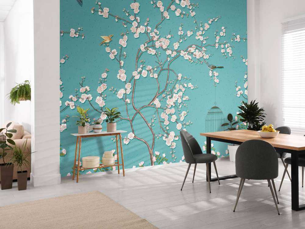 Drawn blossom tree with birds