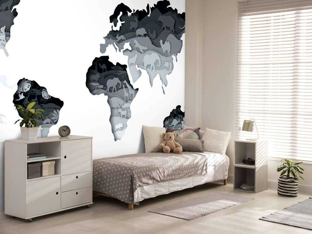 Dieren wereldkaart grijs tinten