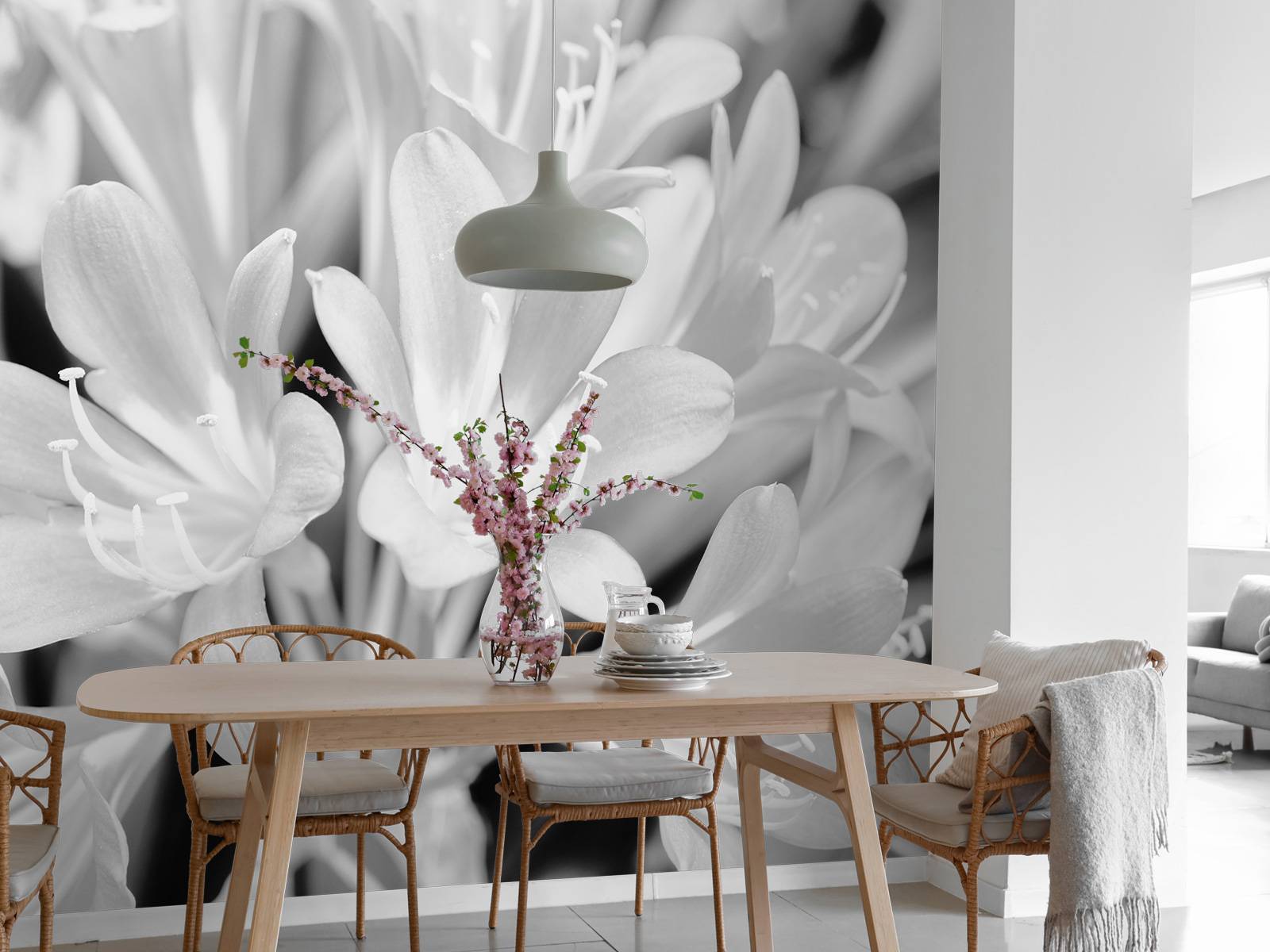 Flowers in bloom, black and white
