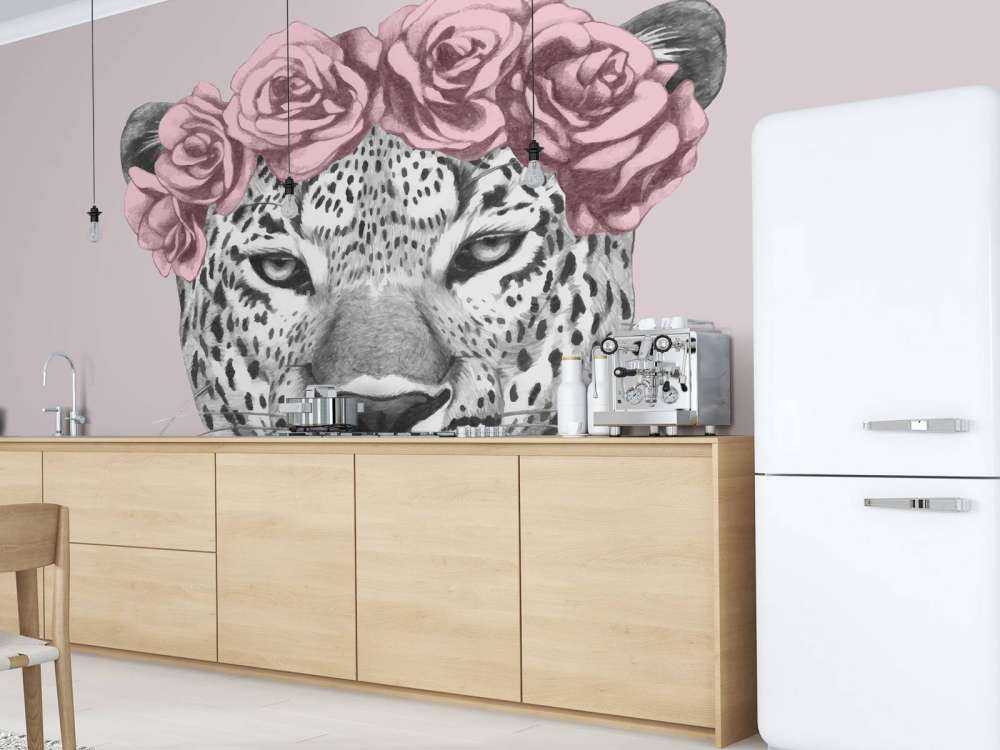 Leopard with pink flowers