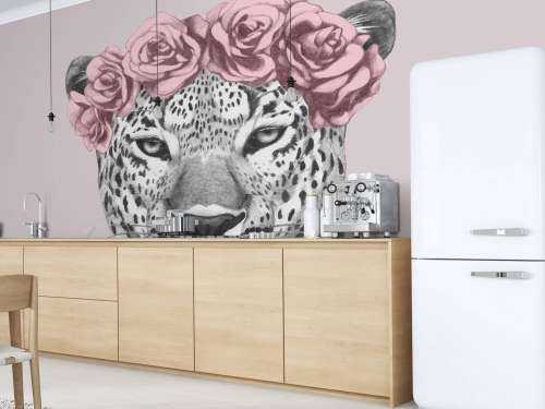 Leopard with pink flowers