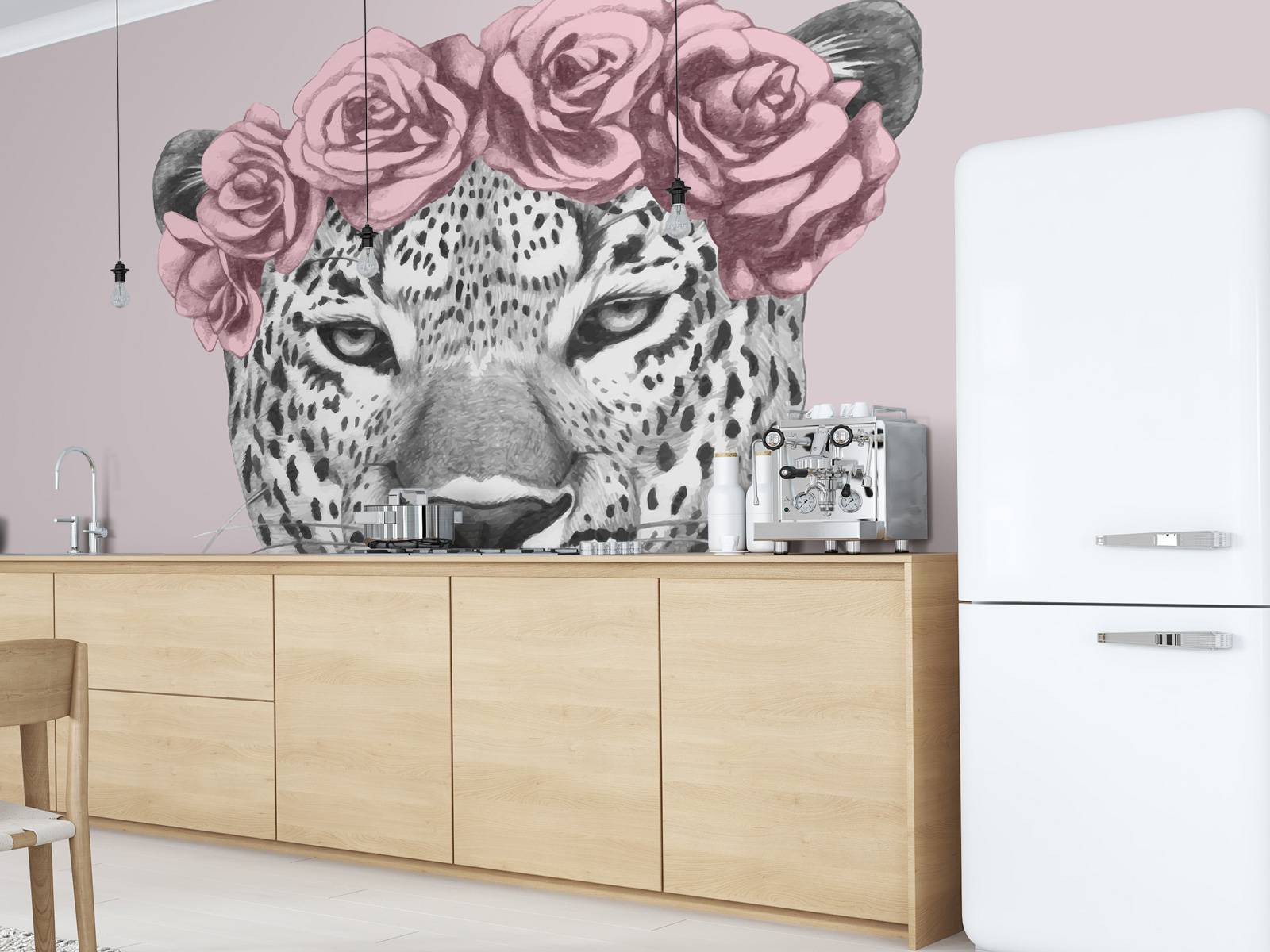 Leopard with pink flowers