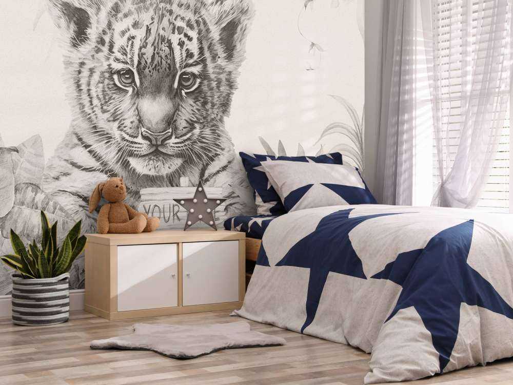 Cute tiger with plants beige