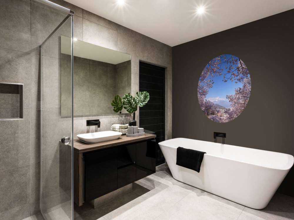 Pink blossoms with mountains