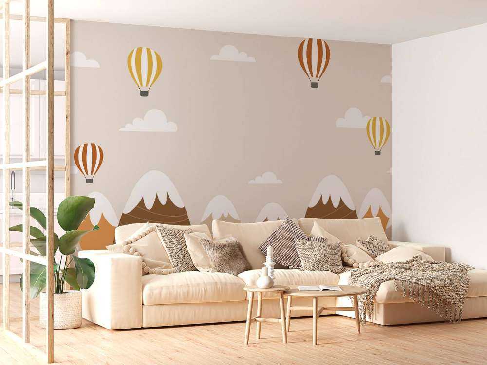 Hot air balloons with mountains