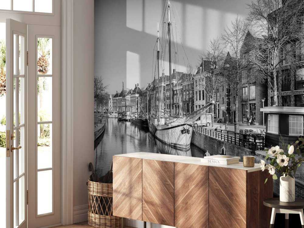 Historical ship located in the river A in Groningen In black and white 