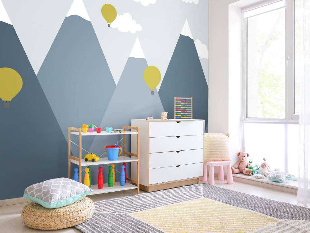 Blue mountains with hot air balloons