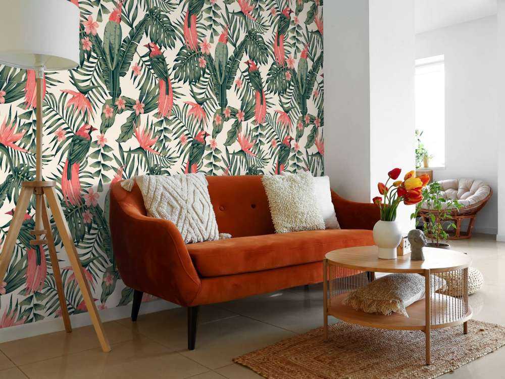 Tropical plants, flowers and birds