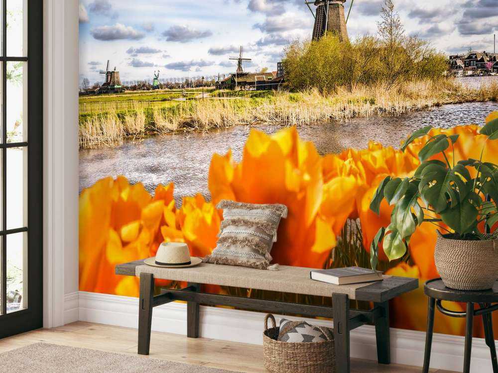 Hollandse molen met oranje tulpen op de voorgrond
