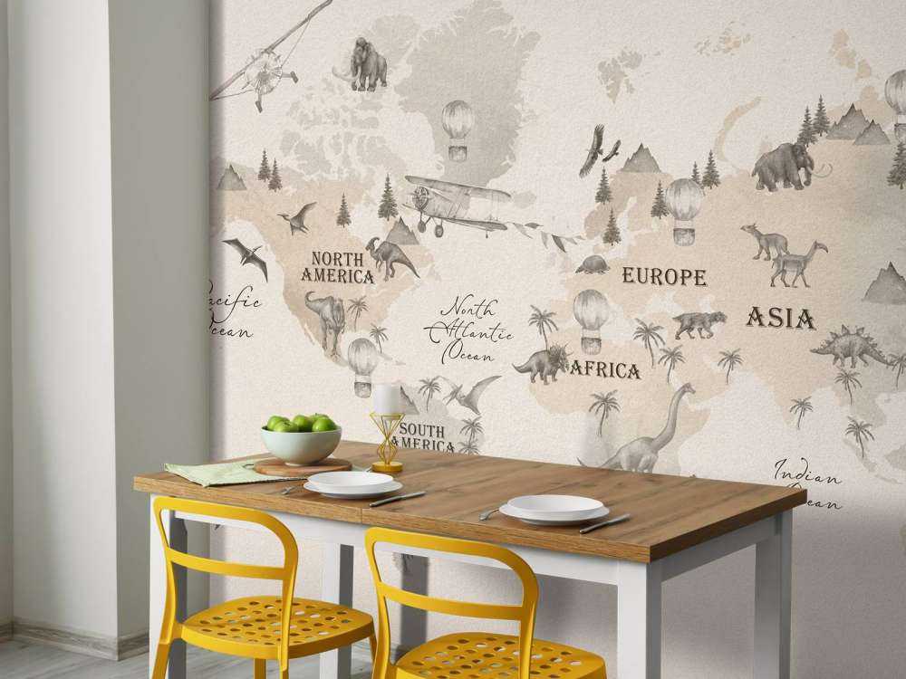 Wereldkaart met dino's off-white