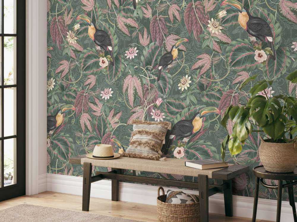 Tropical Jungle birds & toucans - dark green