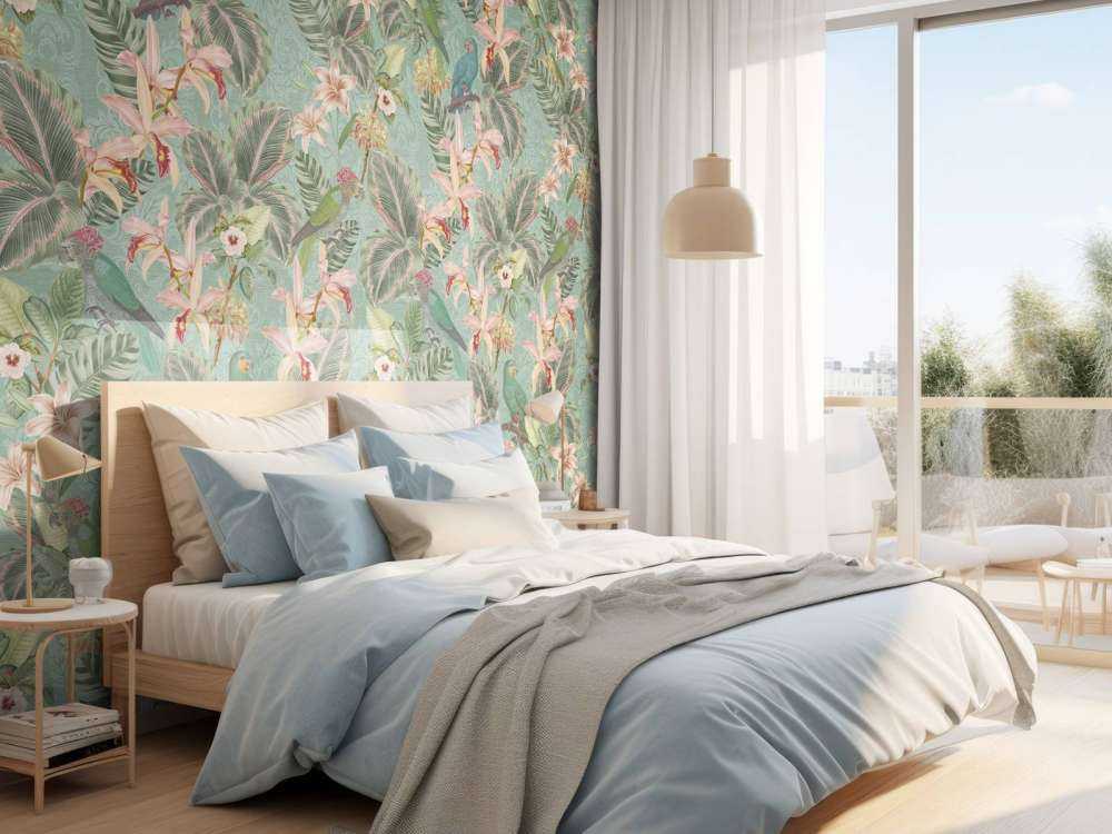 Tropical Jungle birds & parrots - mint green