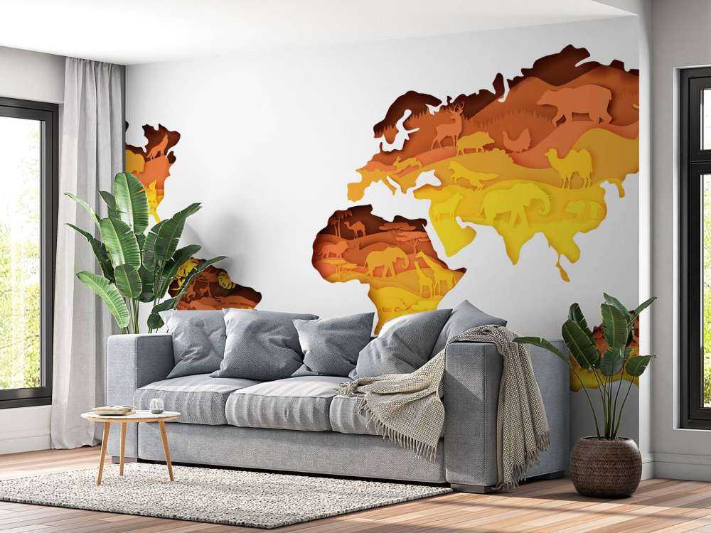 Dieren wereldkaart oranje tinten
