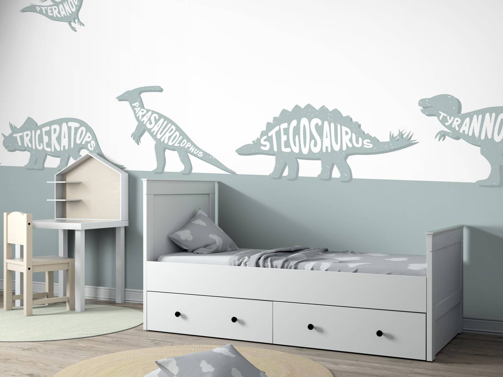 Dinos with text in blue
