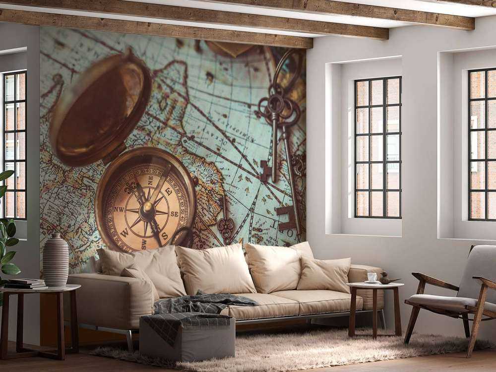 Vintage world map with compass