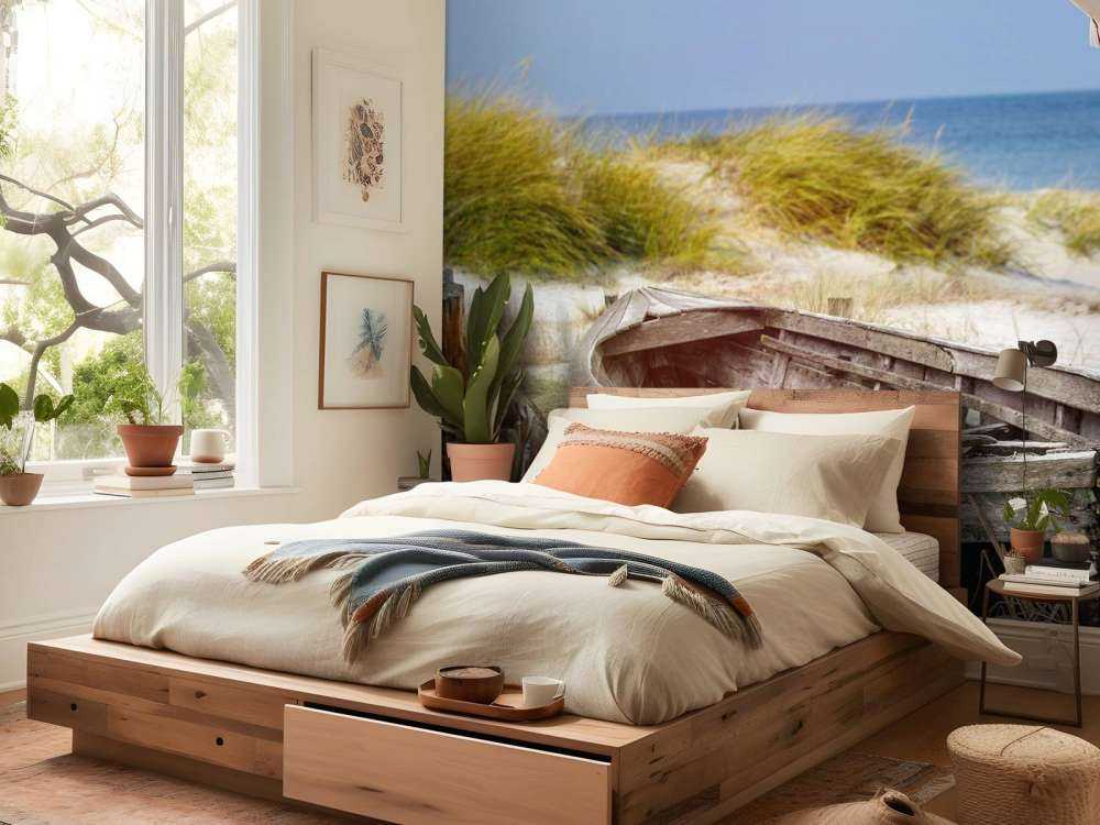 Old fishing boat, seagulls, beach and sea