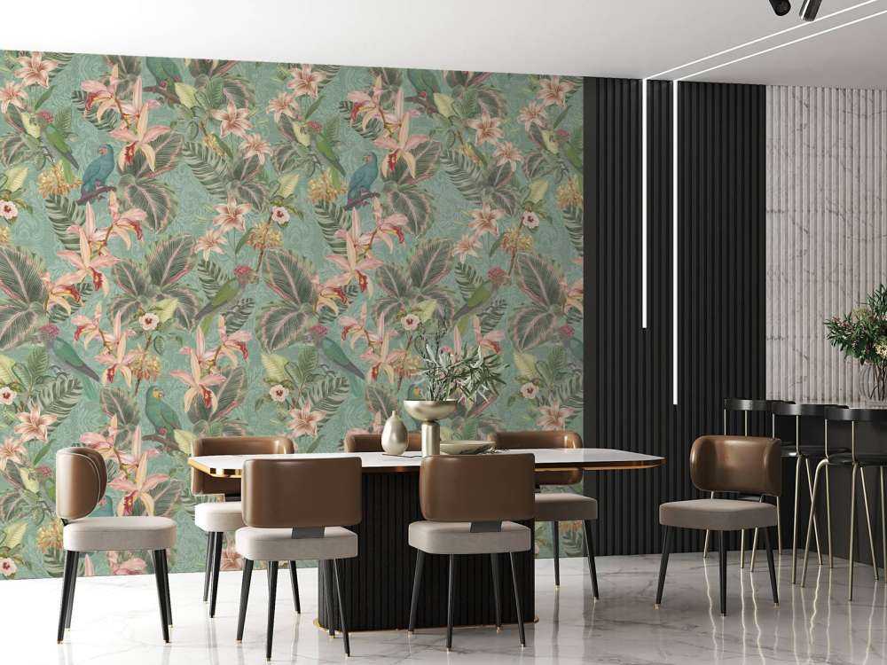 Tropical Jungle birds & parrots - mint green