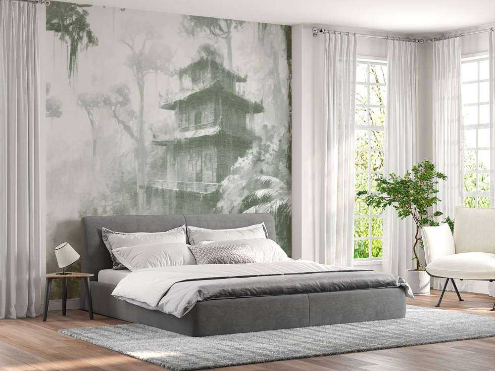 Hidden Hut in Misty Forest, green