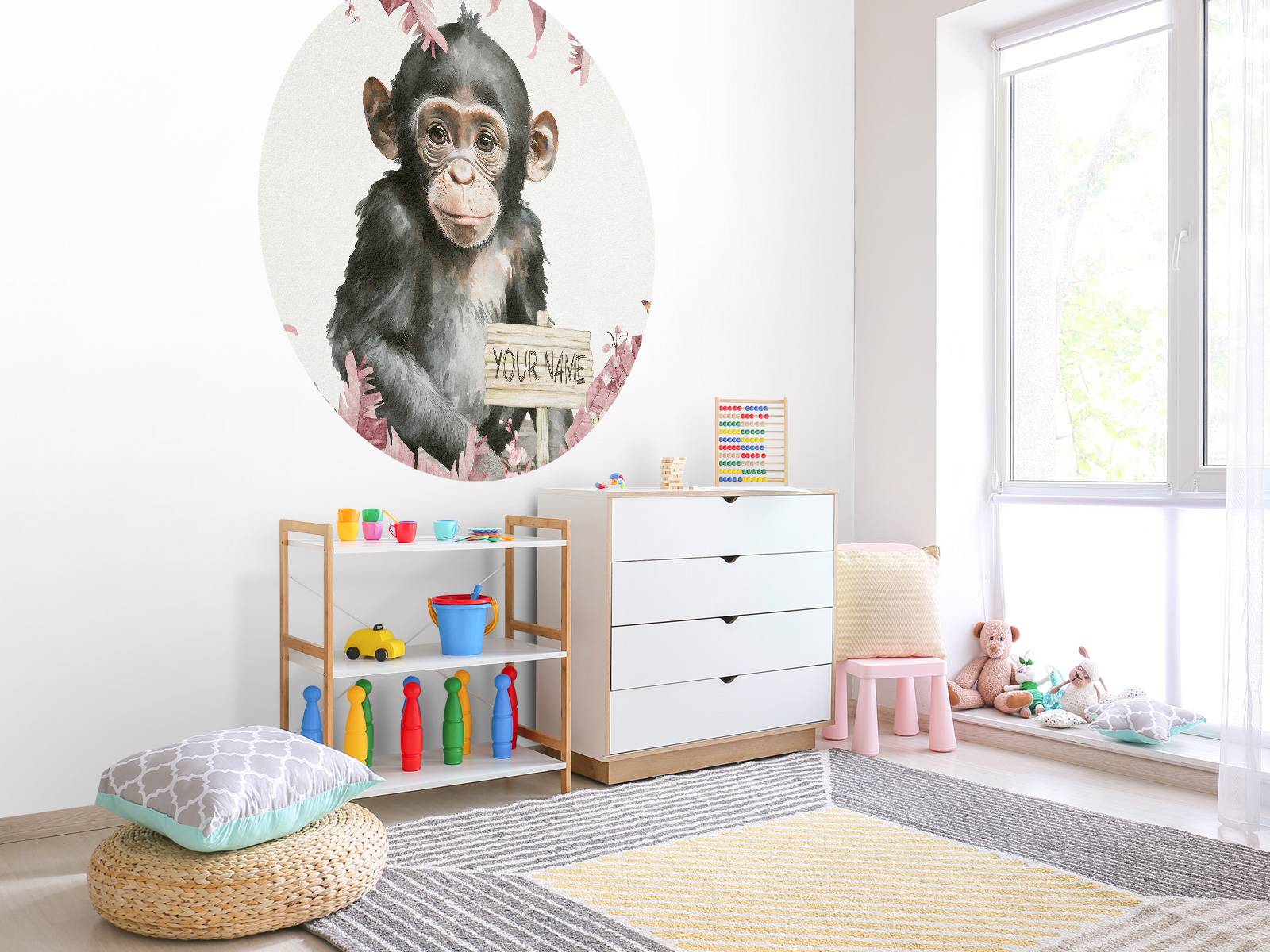 Baby chimpanzee in the jungle pink