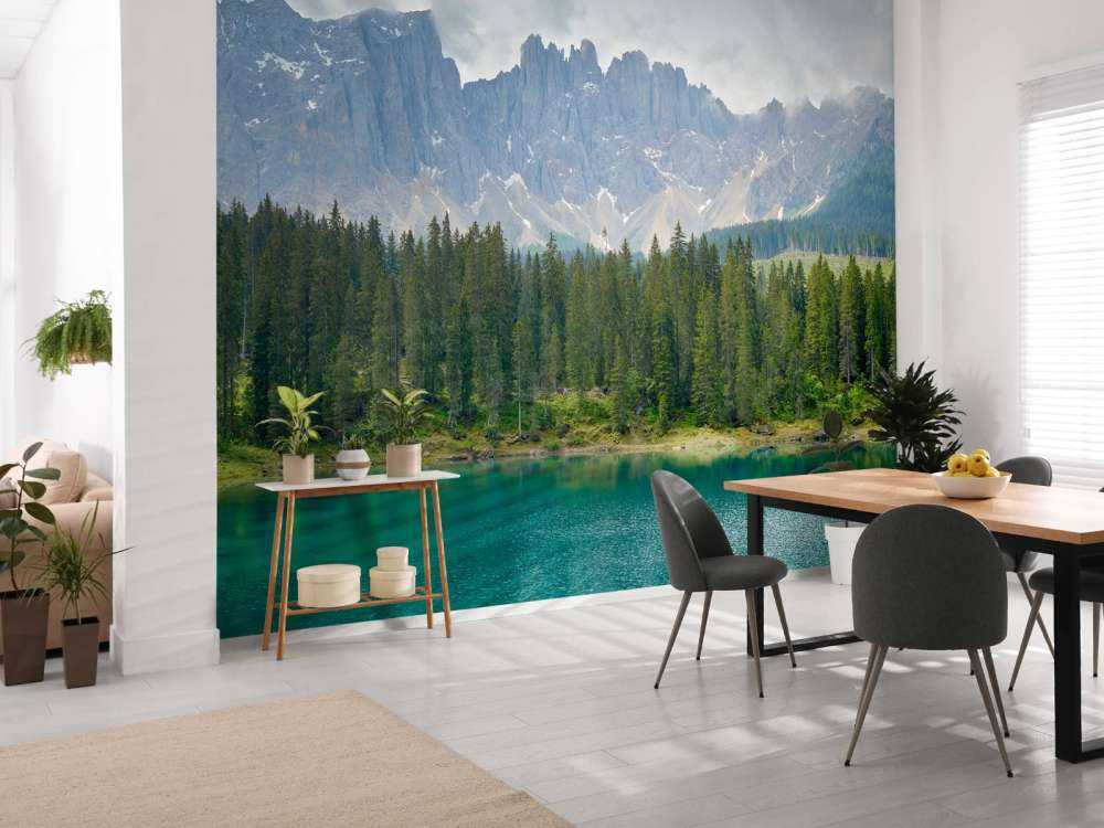 Tree line at mountain lake