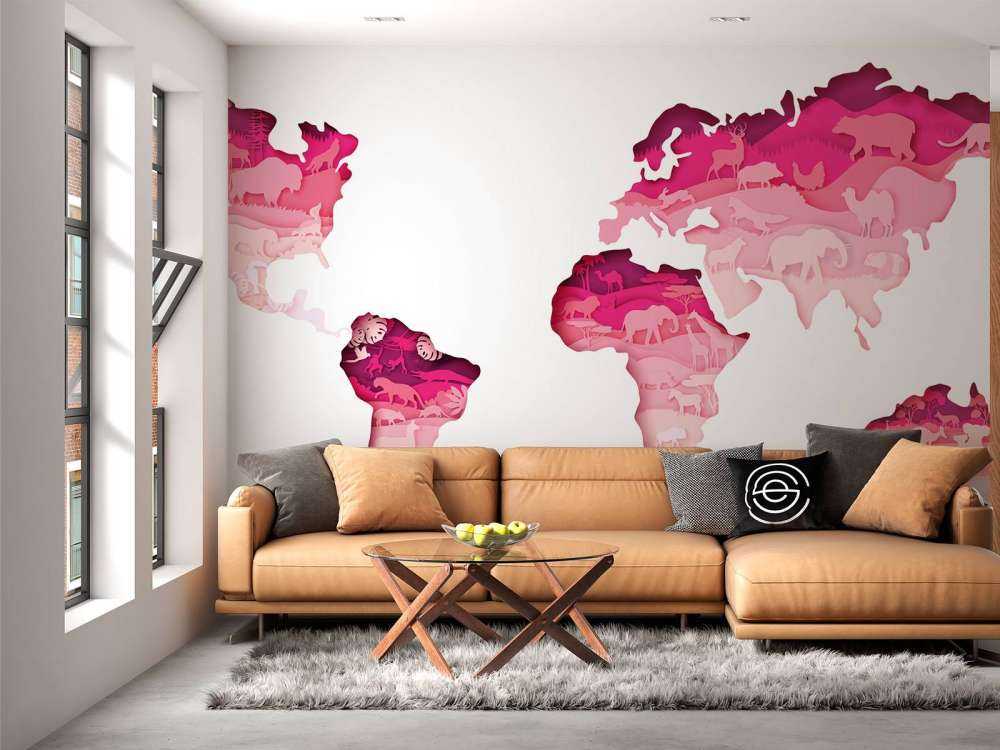 Dieren wereldkaart roze tinten