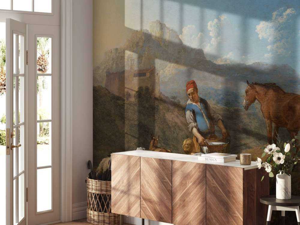 Italiaans landschap met geitenmelkster
