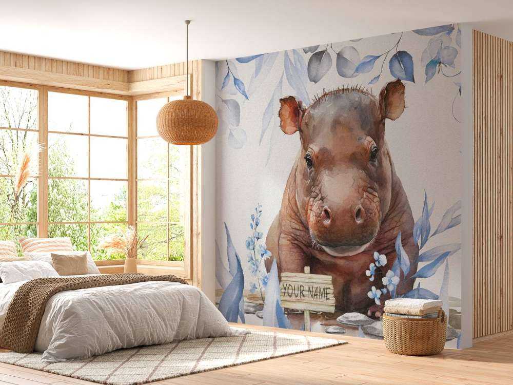 Baby hippo in the leaves blue