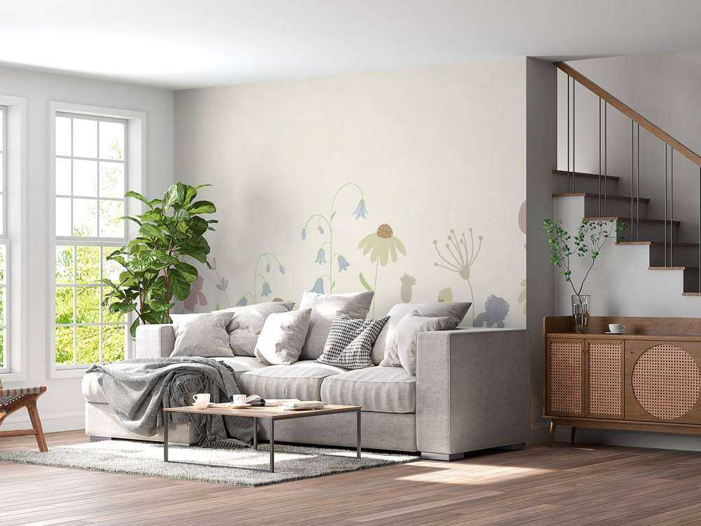 Field of flowers in high beige, old pink, green and lilac