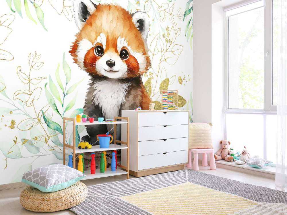 Cute red panda and leaves