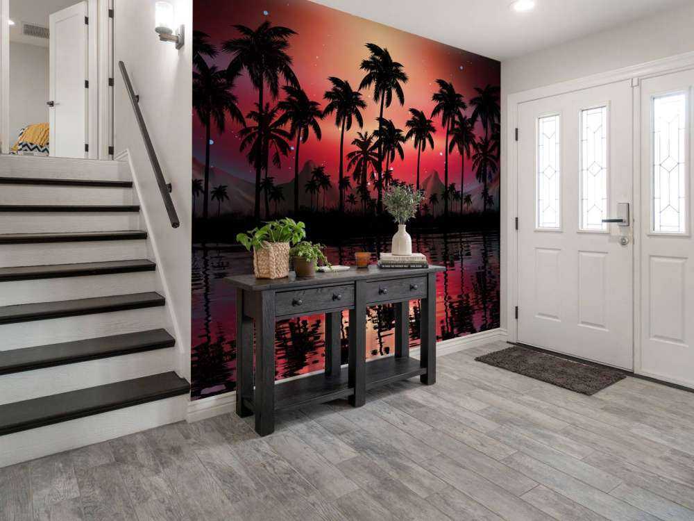 Palm trees in red sky