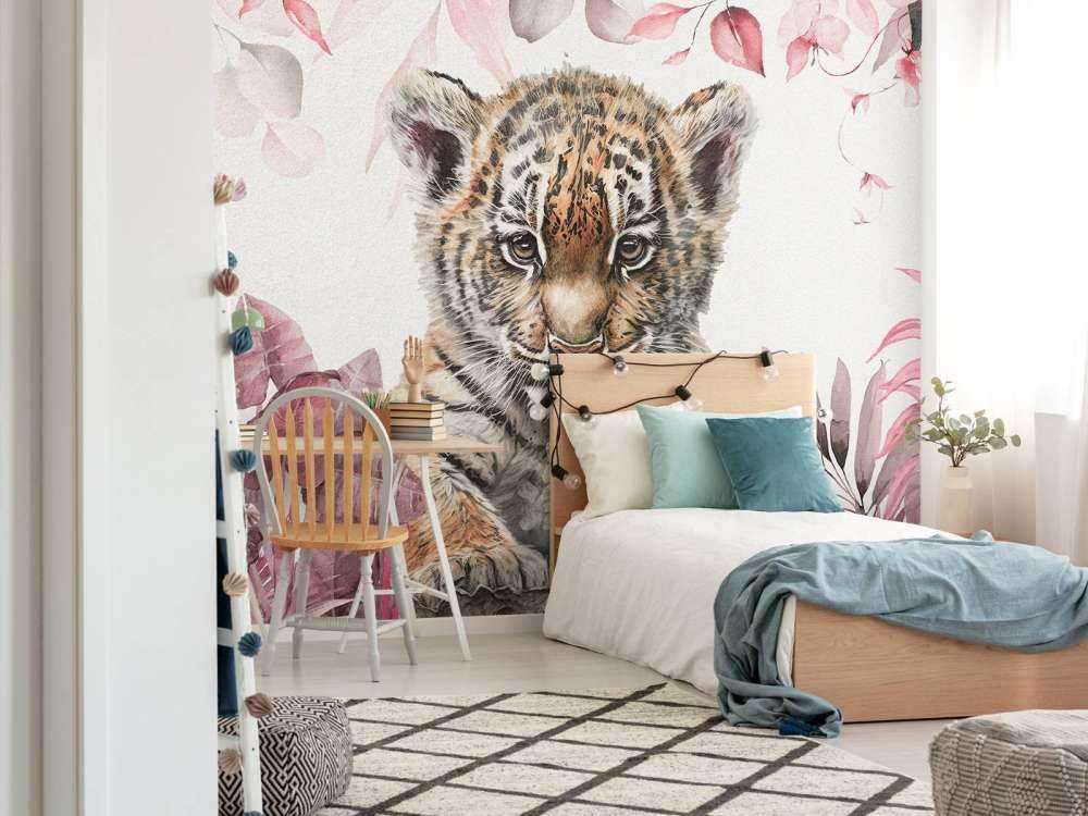 Cute tiger with plants pink