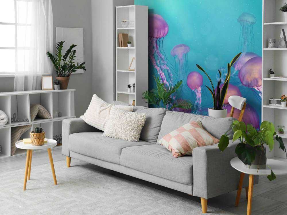 Pink jellyfish in blue sea