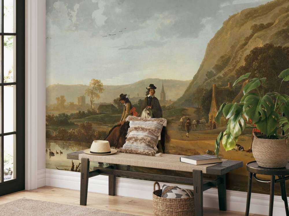 River landscape with horsemen