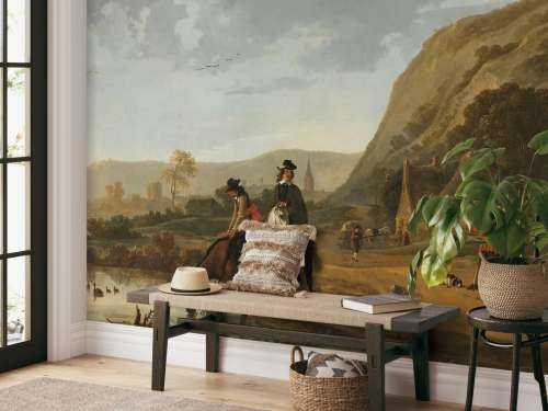 River landscape with horsemen