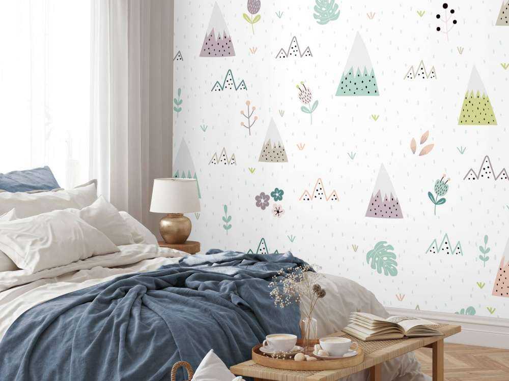 Mountains, plants and flowers pattern