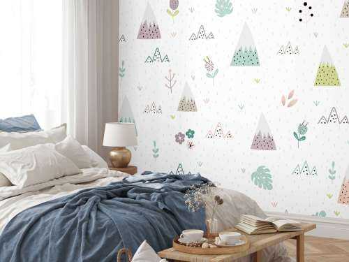 Mountains, plants and flowers pattern