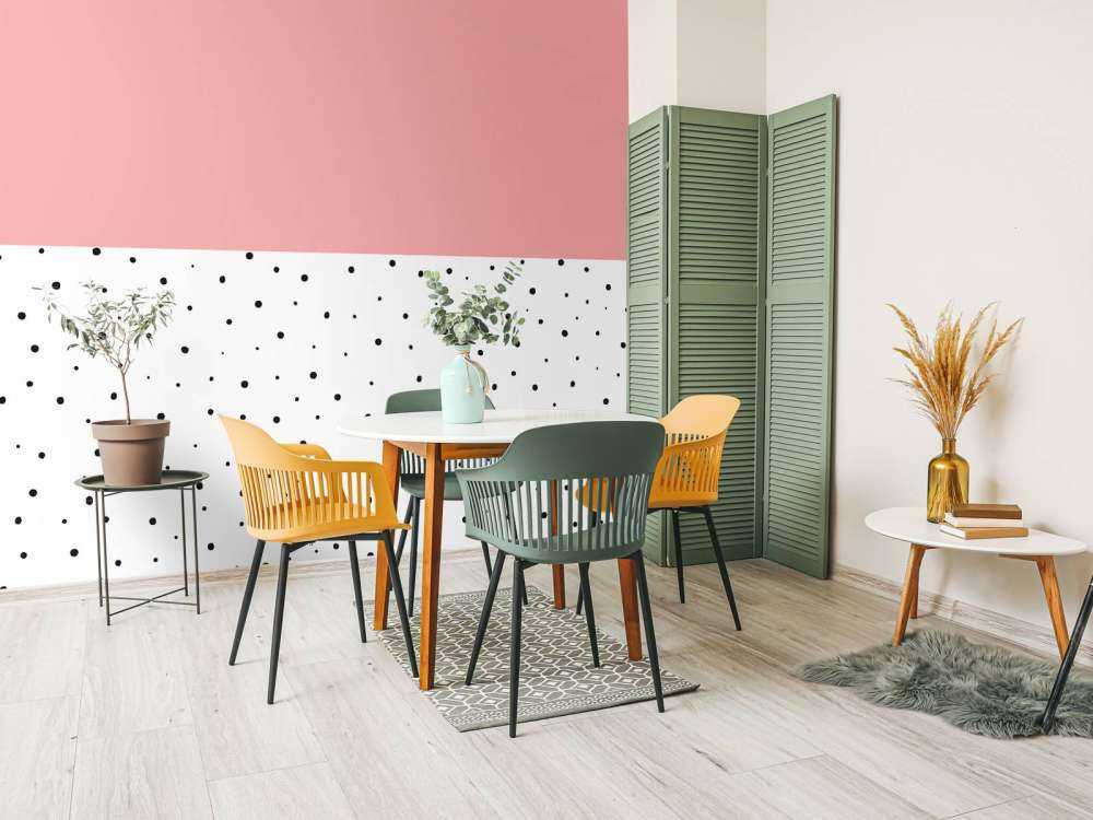 Pink and white areas with black dots