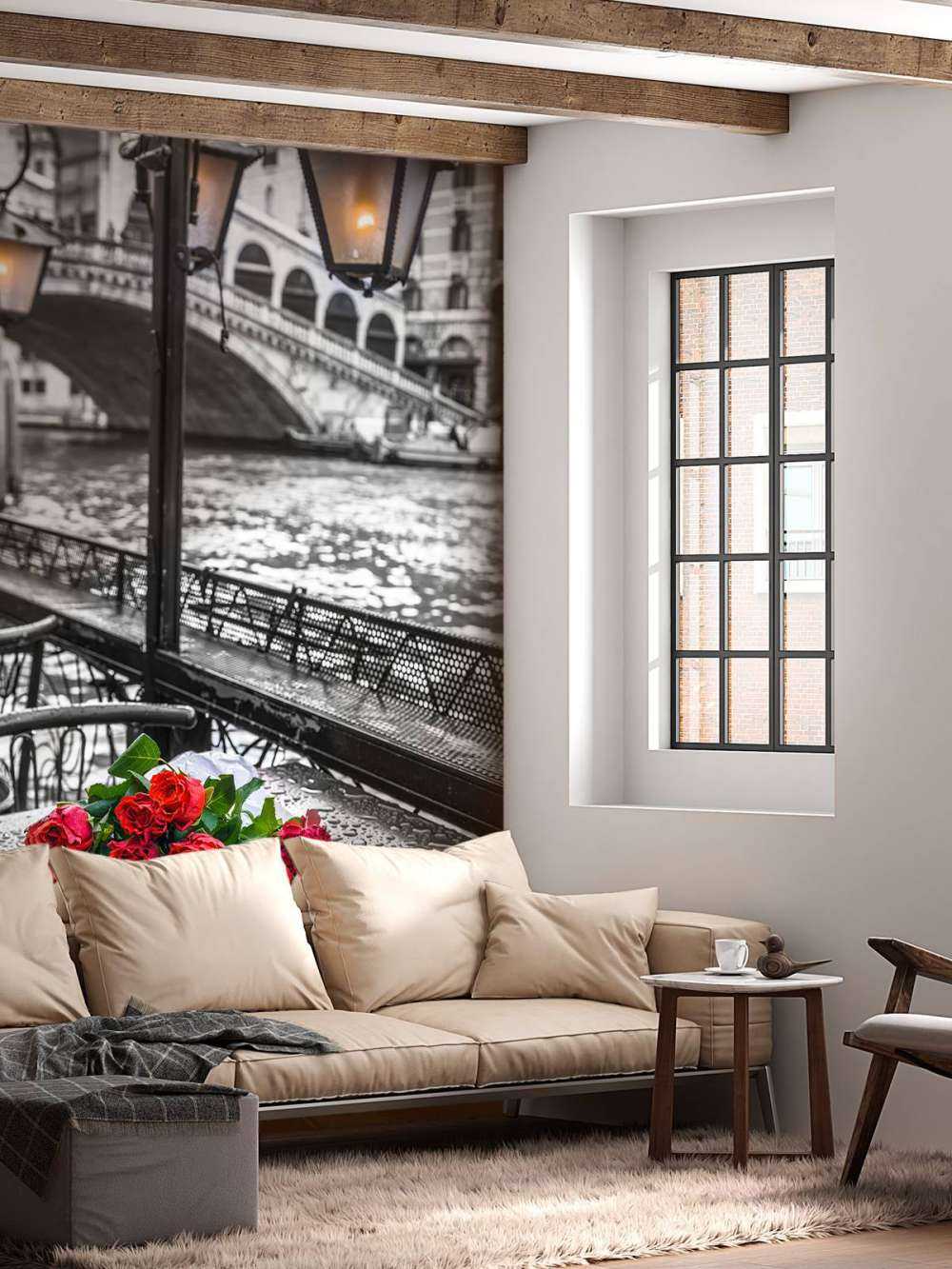 Bunch of red roses on street cafe table, Rialto Bridge, Venice, Italy