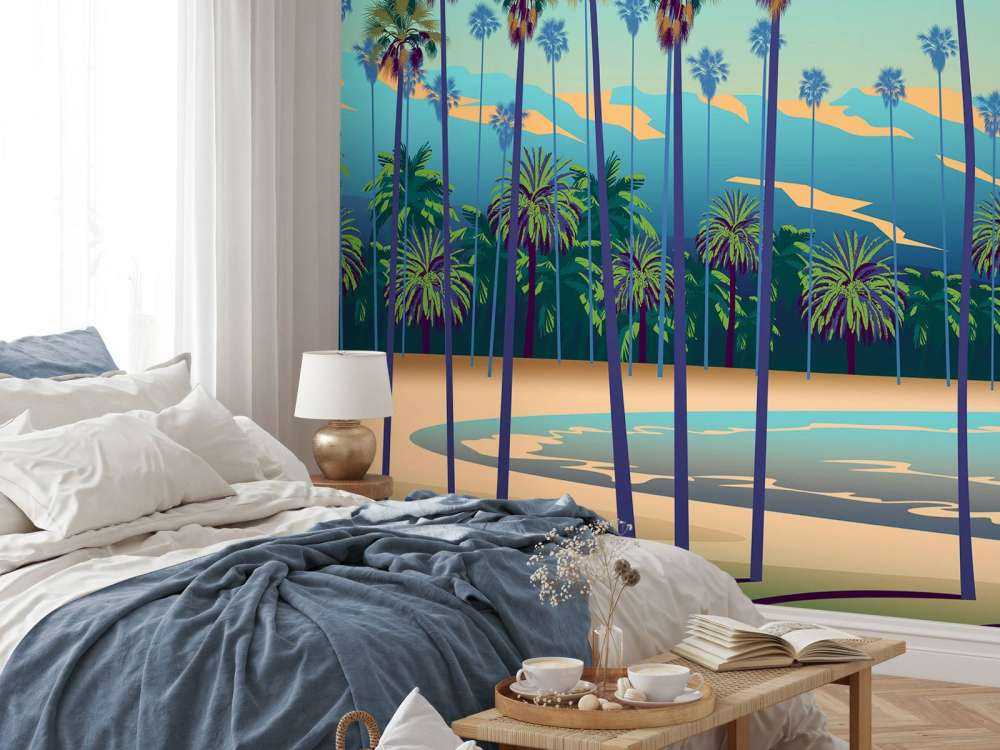 Drawn lake with palm trees