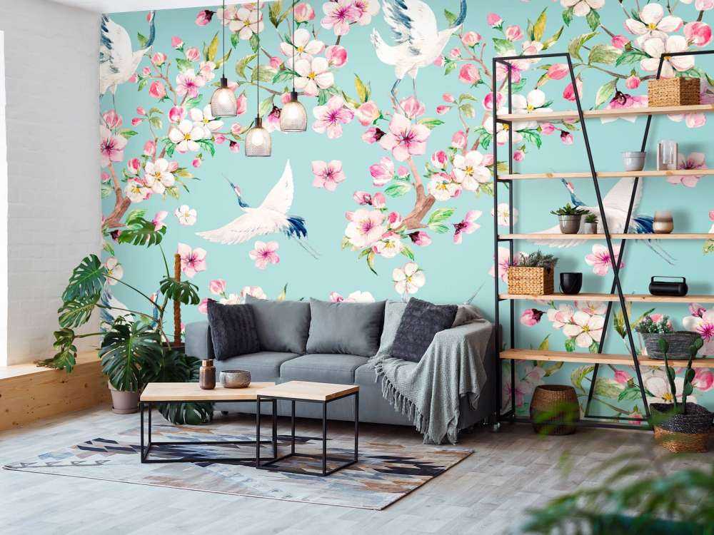 Cranes between pink flowers