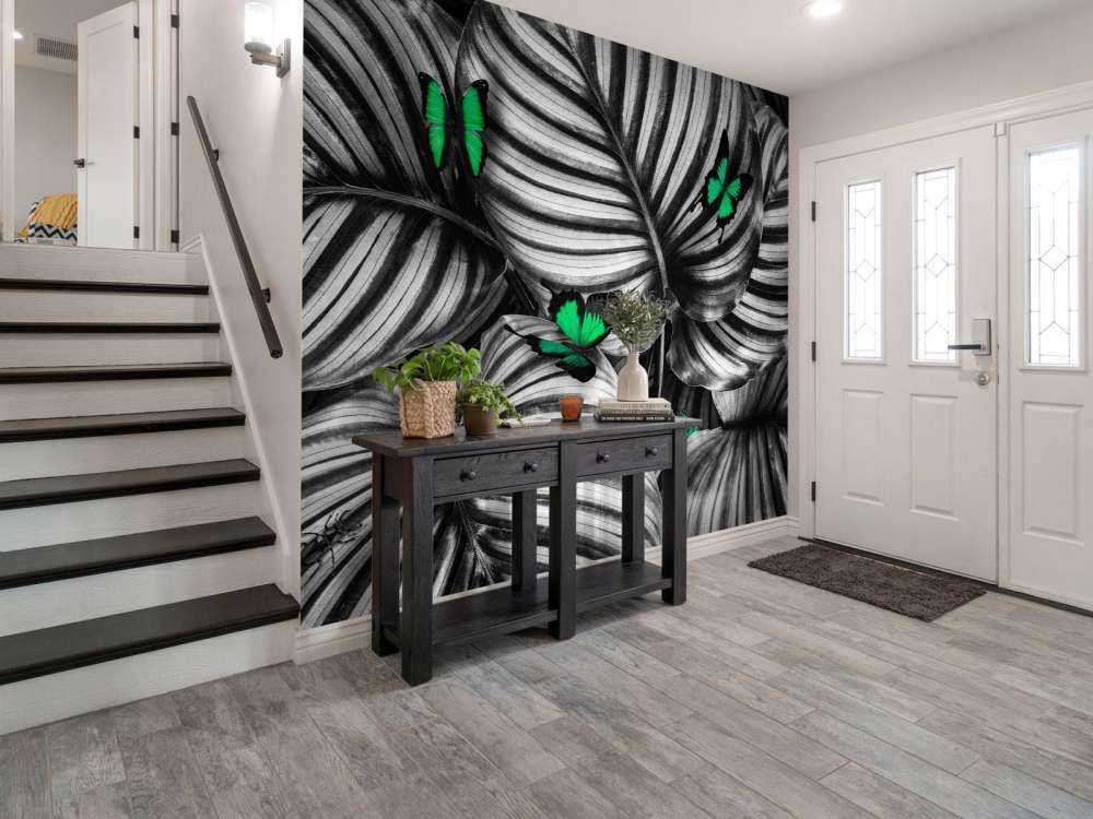 Butterflies on striped leaves