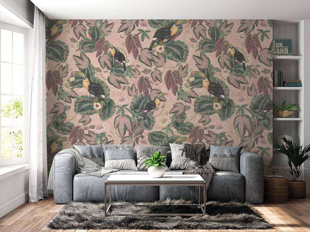 Tropical Jungle birds & toucans - pink