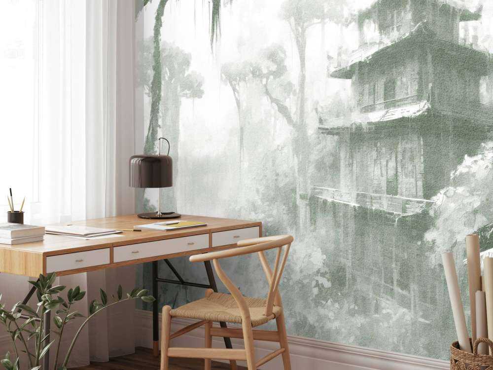 Hidden Hut in Misty Forest, green