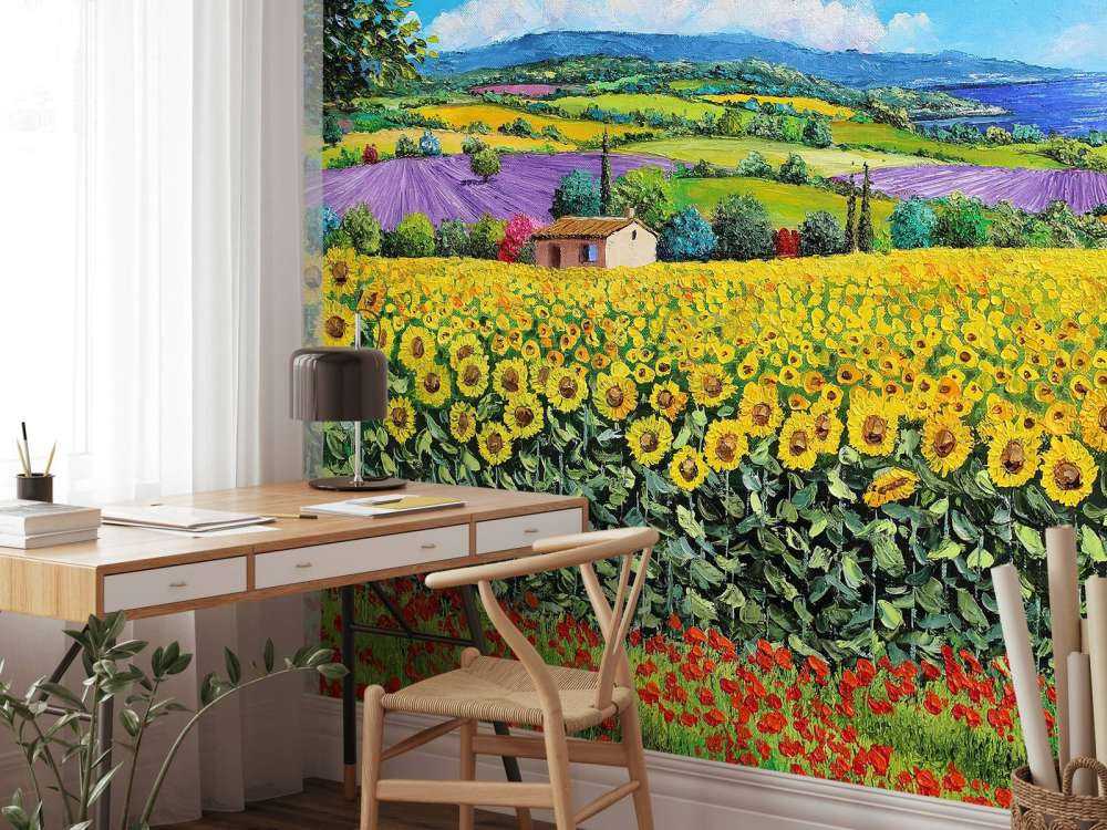 sunflowers, lavender, and sea