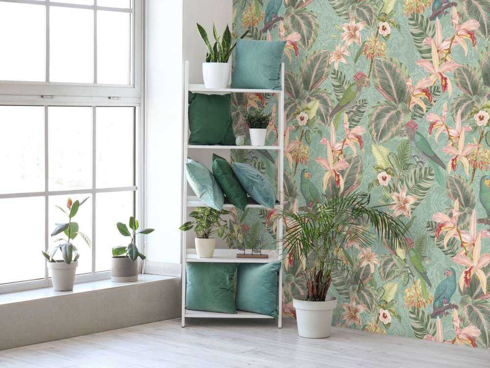 Tropical Jungle birds & parrots - mint green