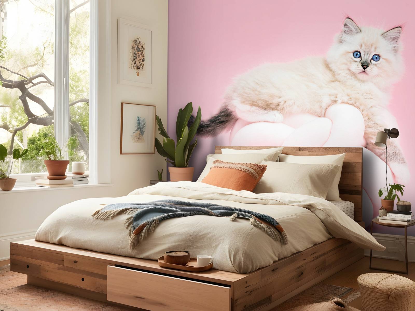 White cat on pink background